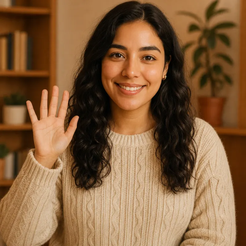 Sofía, the HolaHello tutor, smiling and waving