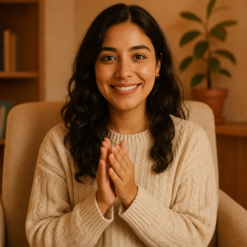 Sofía smiling with her hands together, pleased