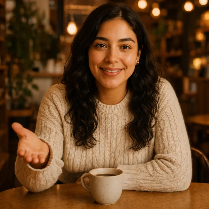 Sofía at a café table, gesturing as she talks